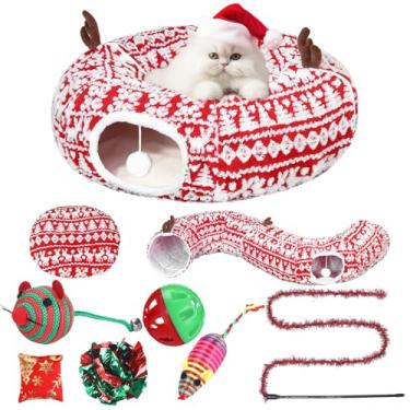 Imagem de Dansydaisy Cama de túnel para gatos de Natal com 8 brinquedos para gatos, cama de túnel de pelúcia fofa para cães com almofada lavável e bolas penduradas, parquinho multifuncional de 1,5 m para