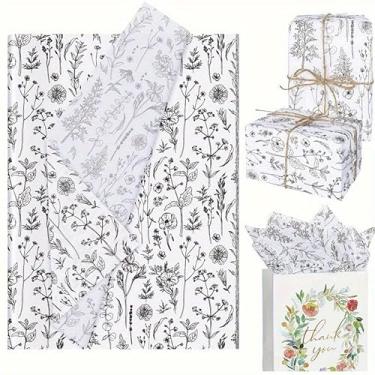Imagem de 20 peças de papel de seda floral preto e branco flores silvestres para presente botânico para lembrancinhas de aniversário e casamento - acabamento translúcido