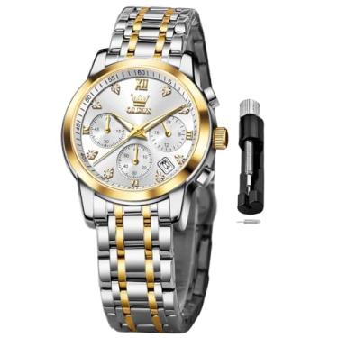 Imagem de OLEVS Relógio feminino multifuncional em dois tons, moderno, analógico, quartzo, feminino, aço inoxidável, à prova d'água, diamante, para mulheres, Relógio prateado 2858, relógio feminino