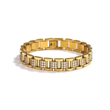 Imagem de Qing Birdee Pulseira masculina de luxo de aço inoxidável, ouro e azul, design pavé de cristal, 21,5 cm de comprimento, banhado a PVD, zircônia AAA incrustada, One Size, Aço inoxidável, Sem Pedra