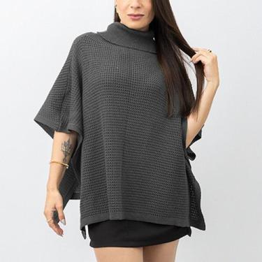 Imagem de Poncho Casaco Capa Kimono Vestido Feminino Tricot Texturizado Gola Alt
