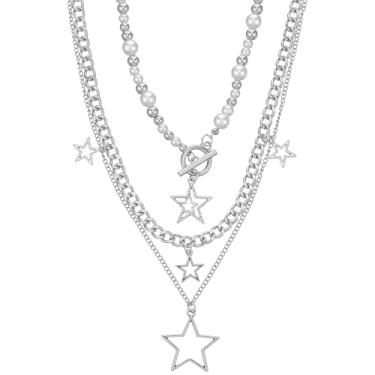 Imagem de Neyauo Colar de prata Star Y2k empilhável com pingente de estrela grossa e corrente de estrelas de prata, gargantilha grunge, moda, punk, gótico, vintage, estética, conjunto de joias, acessórios para