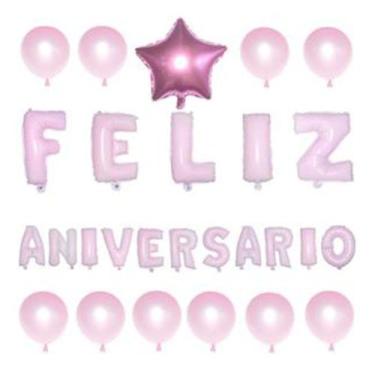Imagem de Kit Balão Metalizado Feliz Aniversário Festa 27 Peças Rosa - Rio Tijuc