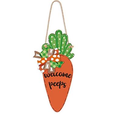 Imagem de Jetec Placa de madeira Happy Easter para pendurar, placa de boas-vindas com mola de cenoura, placa suspensa, placas de parede rústica, decoração de jardim para ambientes internos e externos com corda para decoração de Páscoa, 34 x 17 cm