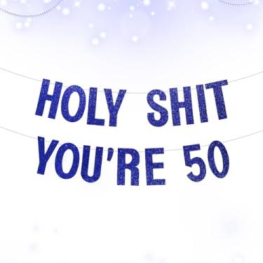 Imagem de Decorações engraçadas de aniversário de 50 anos para homens e mulheres, faixa grande pré-amarrada rude Holy Shit You're Old Banner, suprimentos de festa de aniversário de marco com glitter, cartolina