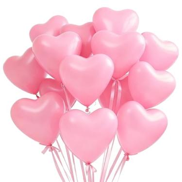 Imagem de Heyigrow 50 peças de balões de decoração de dia dos namorados, 30 cm, balões de folha de saped de coração a granel para aniversário de casamento com fitas e pontos de cola (rosa)