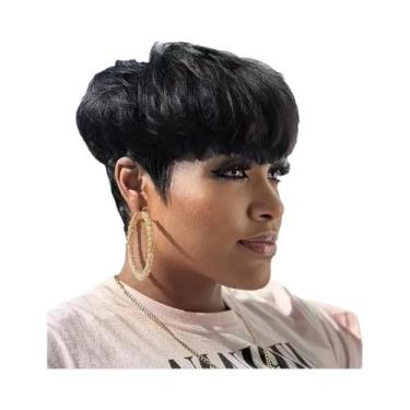 Imagem de Peruca Feminina Curta Estilo Pixie, Cabelo Humano Liso, Peruca Totalme