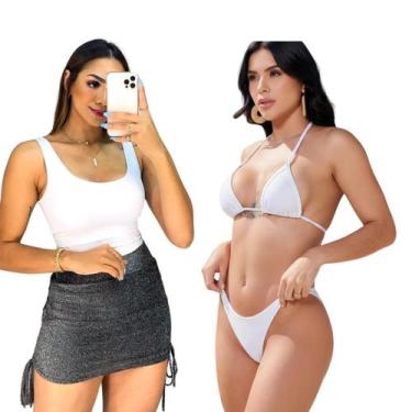 Imagem de Kit Top Cropped Regata + Biquini Cortininha fio dental Cor:BrancoTaman