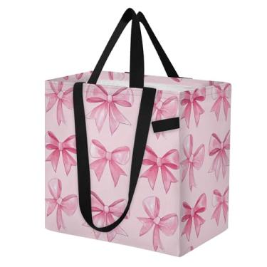 Imagem de SEHANY Sacolas de compras reutilizáveis com laço rosa fofo com alças reforçadas, bolsa de compras de lona dobrável à prova d'água de grande capacidade para viagem, cozinha, praia