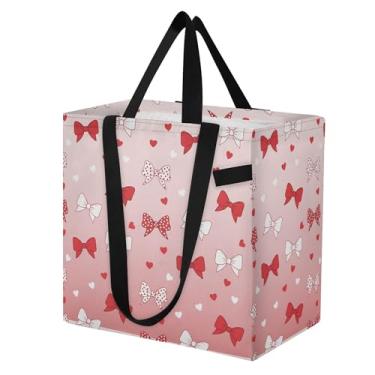 Imagem de SEHANY Sacolas de compras reutilizáveis com laço rosa fofo com alças reforçadas, bolsa de compras de lona dobrável à prova d'água de grande capacidade para viagem, cozinha, praia