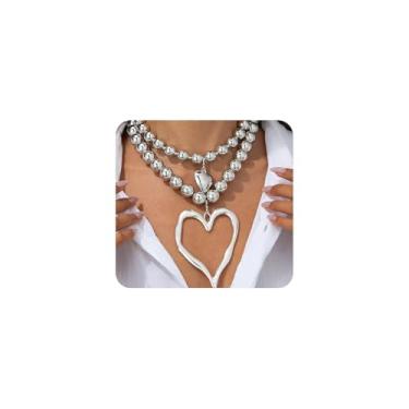 Imagem de GIGB PBDK Conjunto de colar de coração com contas de ouro grosso para mulheres exageradas em camadas Y2k gargantilha com contas grandes na moda, colar de amor duplo, joia de dia dos namorados, Large