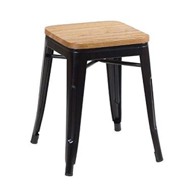 Imagem de Loft7 Home Decor, Banqueta baixa Iron Tolix com assento de madeira rústica clara