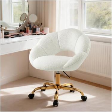 Imagem de SDXYSTCE Cadeira Vanity com pétalas de pelúcia para penteadeira com rodas, cadeira de maquiagem ajustável em altura para quarto, sala de estar (branca)