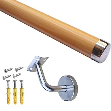 Imagem de DKXCOSQ Kit de corrimão de escada de parede de cor de madeira, kit completo de corrimão de escada DIY para escadas internas e externas com 2 m de comprimento com suportes prateados