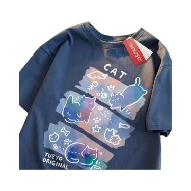 Imagem de Camiseta De Algodão Estilo Japonês Com Estampa Divertida De Gato Para 