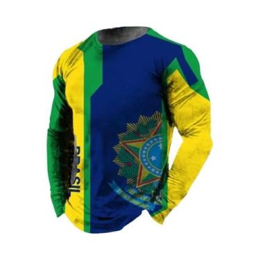 Imagem de Camiseta Masculina Retro Com Estampa 3D Da Bandeira Do Brasil, Manga L