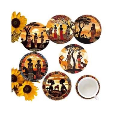Imagem de Conjunto De 6 Porta-Copos De Madeira Estilo Tribal Africano Com Base D