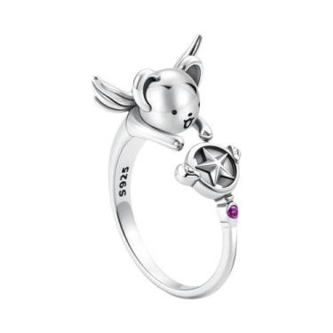 Imagem de Anel Feminino De Prata Esterlina 925 Com Mini Snoopy, Diamante Rosa De