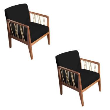 Imagem de Kit 02 Poltronas Barcelona Suede Preto Com Corda Náutica Champagne Bas