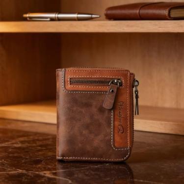 Imagem de Carteira masculina vintage, couro genuíno com bolso para moedas e vários compartimentos para cartão, acessórios modernos com bloqueio de RFID e porta-cartões