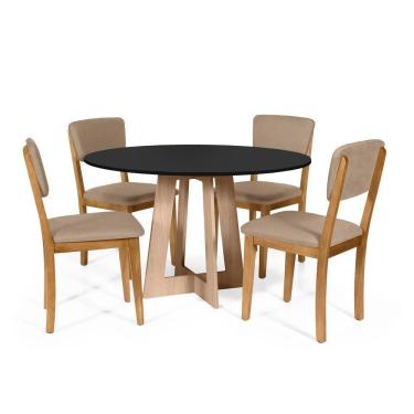 Imagem de Mesa De Jantar Redonda Montreal Pret/jade Com 4 Cadeiras Estofadas Ella Marrom Claro