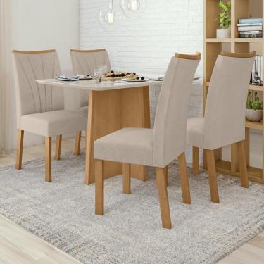 Imagem de Conjunto Mesa De Jantar Celebrare 1,20 C/ Vidro E 4 Cadeiras Apogeu Tecido Veludo Naturale Creme Amendoa Clean/off White