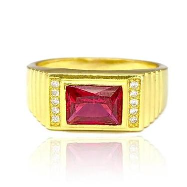 Imagem de Dedeira Cravejada Pedra Vermelha Anel Masculino Banhado a Ouro - Tropi