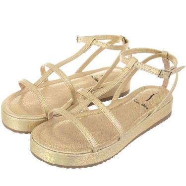 Imagem de Sandália Flat Brilho Somileve Lilis Dourado Tiras Conforto Fivela, Dou
