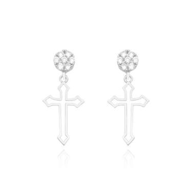 Imagem de Brinco Pino Feminino 7 Pedras Cravejadas Com Cruz Vazada Banhado a Pra