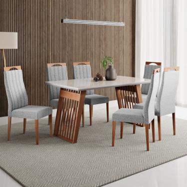 Imagem de Conjunto Sala de Jantar Mesa 154cm com Tampo de Vidro  Moscou com 6 Cadeiras Grécia Madetal - Mel/Nude/Cinza