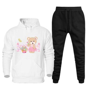 Imagem de Conjunto Abrigo Moletom Canguru Com Capuz Feminino Plus Size Estampa Ursinho Calça Confortavel-Feminino