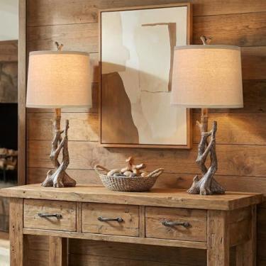 Imagem de OYEARS Abajur de mesa rústico de 58,4 cm para casa de campo, para mesa de cabeceira, tronco de árvore, lâmpada de grão de madeira para quarto, sala de estar, com tecido de aveia, abajur redondo de