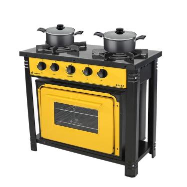 Imagem de Kit Fogão Industrial 2 Bocas com Forno Bravo Amarelo com 2 Caçarolas Turim Chumbo Venâncio