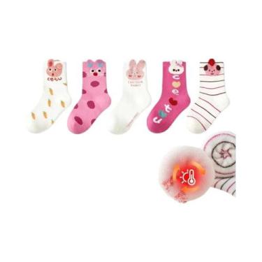 Imagem de Meias Quentes Adoráveis De Coelhinho Rosa Para Crianças, 5 Pares, Forr