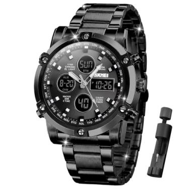 Imagem de Relógio de pulso masculino SKMEI, impermeável, modelo militar, analógico e digital, de negócios, com cronógrafo de LED multihorário, em aço inoxidável, 2.28*1.89*0.63 inches