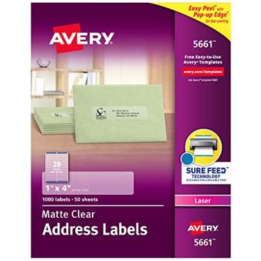 Imagem de AVERY Etiquetas de endereço transparentes foscas, tecnologia Sure Feed, laser, 2,54 cm x 10,16 cm, 1.000 etiquetas (5661)