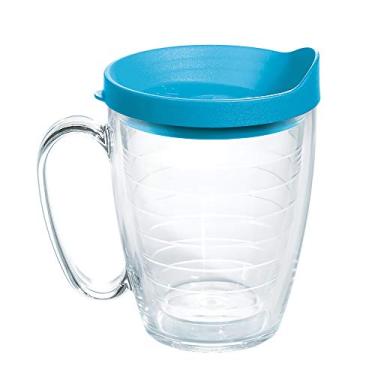 Imagem de Tervis Tampa transparente e colorida feita nos EUA, copo de viagem com isolamento térmico de parede dupla mantém as bebidas frias e quentes, caneca de 473 ml, tampa turquesa