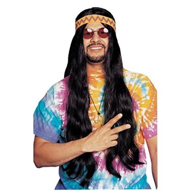 Imagem de Costume Culture Peruca longa hippie dos anos 60 com faixa de cabeça, Preto, tamanho nico