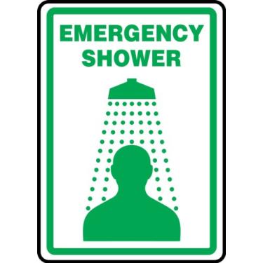 Imagem de ACCUFORM Placa adesiva de segurança de vinil SIGNS MFSD519VS, legenda "chuveiro de emergência" com gráfico, 35,5 cm de comprimento x 25,4 cm de largura x 0,004 cm de espessura, verde sobre branco