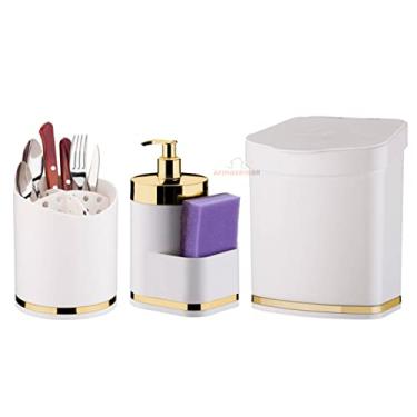 Imagem de Kit Cozinha 3 Peças Lixeira 2,5L Dispenser Porta Detergente Esponja Escorredor Talheres Pia Branco Dourado - Future