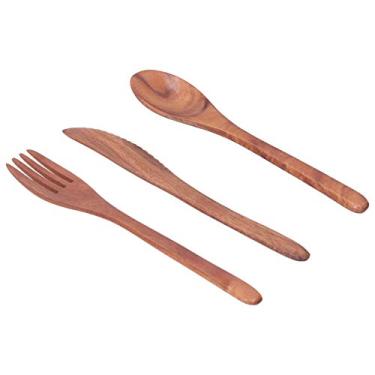 Imagem de Conjunto de utensílios de mesa de madeira 3 peças colher de faca portátil, para piquenique, churrasco, comida de rua, almoço escolar, almoço de escritório, viagem, acampamento, festa ou refeição diária