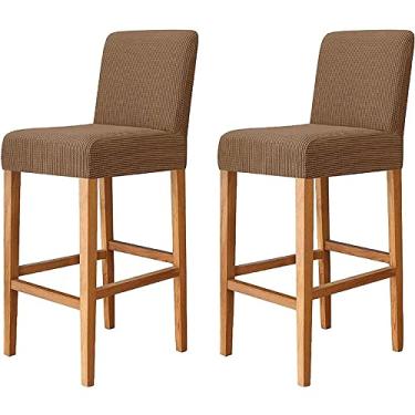 Imagem de Conjunto de 2 capas de cadeira de sala de jantar, capa de banqueta de bar jacquard de cor sólida capa protetora removível para cadeiras de pub com costas curtas (Color : Dark Brown)