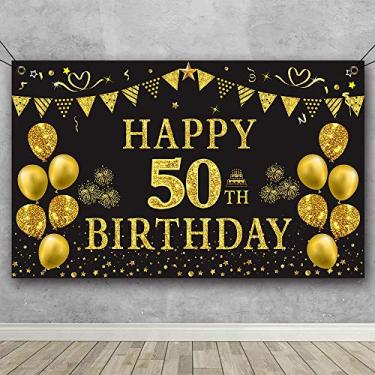 Imagem de Trgowaul pano de fundo de 50º aniversário dourado e preto de 15 x 10 cm, faixa de decoração de festa de feliz aniversário para mulheres e homens materiais fotográficos decoração de fundo feliz aniversário
