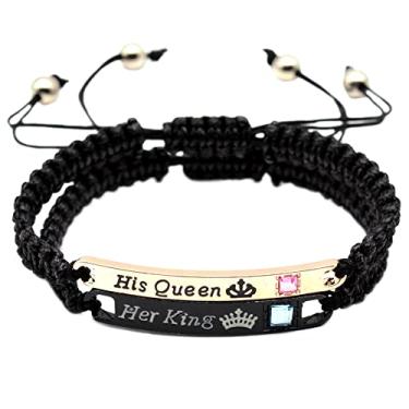 Imagem de MXXGMYJ Pulseiras His Queen Her King para casais combinando para namorado e namorada, presentes de Natal, presentes de aniversário de dia dos namorados para ele e ela namorada conjunto de 2 peças,