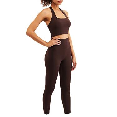 Imagem de Yajun Roupas esportivas femininas de ioga roupas de treino legging levanta bumbum sem costura sutiã fitness academia manga longa 3 peças agasalho, marrom, P (peito: 66 cm)
