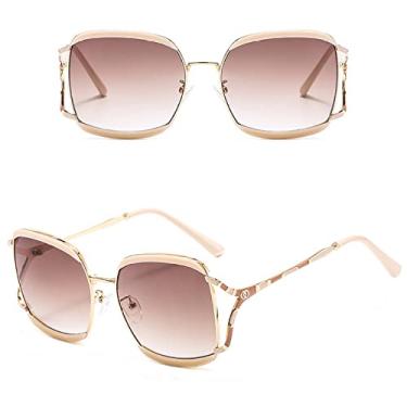 Imagem de Óculos de sol femininos retro templos em forma de y designer elegante óculos de sol grandes para mulheres óculos de gradiente grande, chá bege c5, uv400