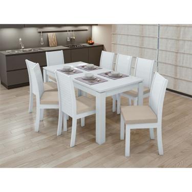 Imagem de Conjunto de Mesa de Jantar Retangular com 6 Cadeiras Athenas Linho Bege e Branco