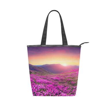 Imagem de Bolsa feminina durável de lona com flores rosa grande capacidade sacola de compras bolsa de ombro