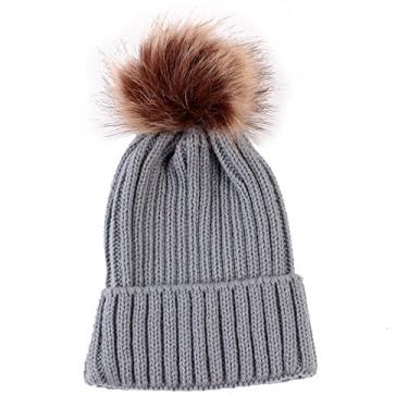 Imagem de Boné infantil fofo com pompom para bebês, chapéu de tricô elástico unissex, gorro (cinza)