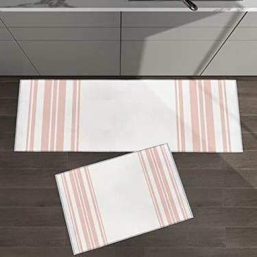 Imagem de Conjunto de 2 tapetes de cozinha listras rosa branco dia dos namorados para tapetes acolchoados no chão e tapetes antiderrapantes absorventes corredor confortável tapete de pé